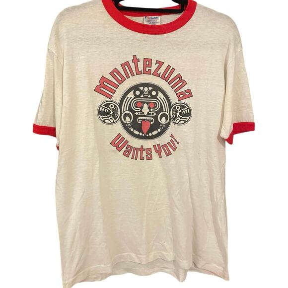 Vintage 80s Montezuma Wants You Tequila Promo Single Stitch Ringer Shirt XL - Picture 1 of 3
